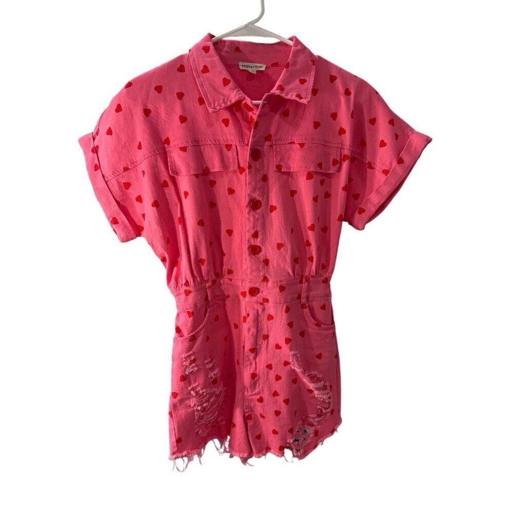 Mainstrip Romeo Heart Denim Distressed Romper Pink with Red Hearts Size S EUC